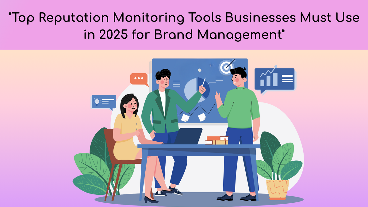Illustration of three professionals analyzing data charts on a board, discussing brand strategy and reputation monitoring tools, ideal for a 2025 business for brand management.